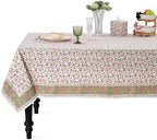 Ridhi Block Print Rose Pink Floral Vine Rectangle Cotton Tablecloth 140" x 72" Reusable Table Cover Decorative Everyday Use for Dining, Farmhouse, Home Gift for Spring, Easter, Valentine by Ridhi