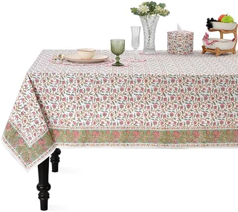 Ridhi Block Print Rose Pink Floral Vine Rectangle Cotton Tablecloth 160" x 72" Reusable Table Cover Decorative Everyday Use for Dining, Farmhouse, Home Gift for Spring, Easter, Valentine by Ridhi