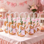 56 Pcs Pink Bow Baby Shower Prizes for Game Winners 6 Sets Bamboo Cheese Board Spoon Fork Butter Spreaders Plaid Towel Thank You Card and Gift Bags for Coquette Pink Bow Baby Shower Favors - Image 5