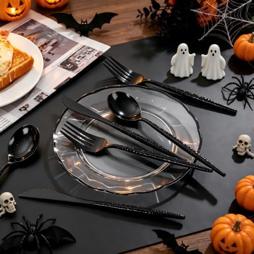 Supernal 360Pcs Hammered Black Plastic Silverware Heavy Duty Party Utensils - Image 2