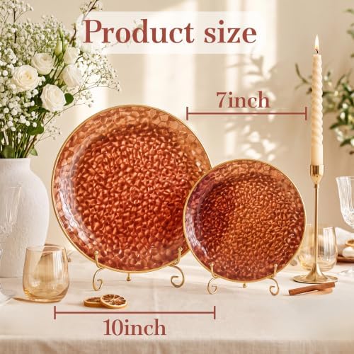 Rubtlamp 60Pcs Amber Plastic Plates - Brown Disposable Plates With Gold Rim, Clear Heavy-duty Party Plates, Hammered Plates Include 30 Dessert Platos, 30 Dinner Platos for Party - Image 2