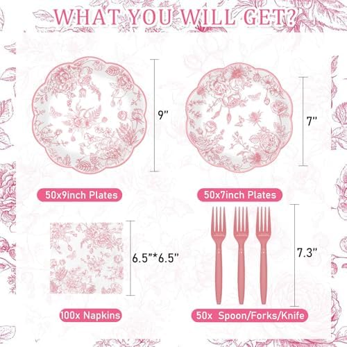 250 Pcs Pink Floral Plates and Napkins, 50 Guests Pink and White Scalloped Disposable Tableware Set Vintage Paper Plates Napkins for Wedding Bridal Shower Tea Garden Party Supplies - Image 3