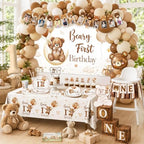 Beary First Birthday Decorations,Teddy Bear Birthday Decorations Set for First Birthday Theme Boy With Backdrop, Balloons, One High Chair Banner,Plates,Napkins,Cake Toppers,272pcs - Image 4