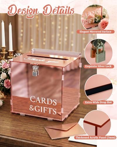 Rose Gold Acrylic Wedding Card Box with Slot and Lock, Mirror Acrylic Card Holder for Reception, Graduation, Bridal & Baby Shower, Birthday Party, Shiny Decorative Gift Boxes for Cards and Money - Image 4