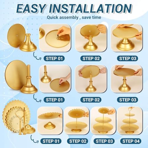 Audab Metal Gold Dessert Table Display Set Including Cake Stands, Cupcake Tower Stand, Dessert Tray, Risers Stands, Cake Cutting Set and Serving Tongs for Wedding, Birthday Party Decor - Image 4