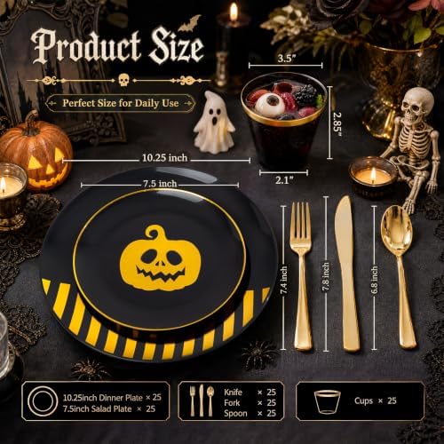 KIRE 25 Guest Halloween Plates Black Gold Plastic Plates Smiley Pumpkin include 50PCS Black &150PCS Gold Plastic Silverware&25PCS Clear Black Cups for Halloween Party - Image 2