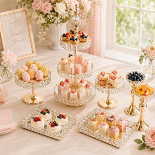 7 Pcs Crystal Cake Display Stand with Mirror, Round Dessert Display Stand by KOLHGNSE