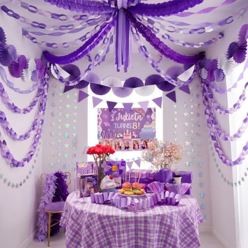TaoBary Purple Baby Shower Decorations, 6 Roll Purple Streamers 600 Paper Chain Garland 4 Star Hanging 2 Felt Pennant Flag 2 Paper Fans Garland 6 Four Leaf Clover Streamer for Butterfly Birthday Party - Image 3