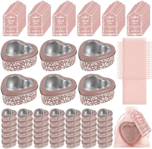 48 Pcs Pink Mexican Heart Shaped Tins with Clear Lids Organza Bags Thanks Cards De Barro Mexicanos Empty Candle Candy Boxes Cielito Lindo Party Decorations for Wedding Gifts Fiesta Party Favors by Stuffygreenus