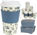 50 Pack 16oz Vintage Blue Floral Disposable Coffee Cups with Lids & Sleeves – Premium Paper for Mother's Day, Wedding, Birthday, Brunch, Cafés,Party Supplies by YULLOT