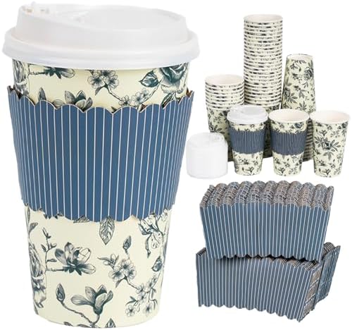 50 Pack 16oz Vintage Blue Floral Disposable Coffee Cups with Lids & Sleeves – Premium Paper for Mother's Day, Wedding, Birthday, Brunch, Cafés,Party Supplies by YULLOT