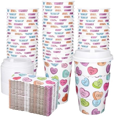 Whaline 50 Pcs Valentine's Day Disposable Coffee Cups with Lids and Sleeves Colorful Conversation Heart Paper Drinking Cups for Wedding Anniversary Party Supplies by Whaline