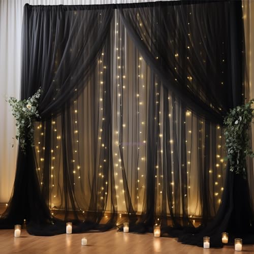 30×10ft Black Tulle Backdrop Curtain with Lights String for Parties, Sheer Curtain Backdrop Drapes for Wedding Party Photography Background - Image 4