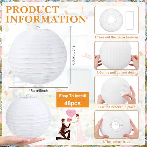 Treela 48pack White Chinese Paper Lanterns for Wedding Party Decor, 6" - Image 3