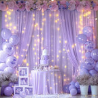 10ft x 10ft Lavender Chiffon Backdrop Curtain with Lights String for Parties,2 Panels Sheer Tulle Curtain Wedding Photo Backdrop with Lights for Baby Shower Birthday Party Ceremony Home Decorations - Image 3