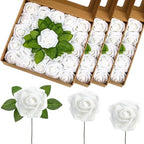 100 Pcs Artificial Foam Rose Flower Faux Bouquet Wedding Fake Rose Gift for Mother's Day Women DIY Bridal Shower Party Table Birthday Home Spring Decor (White) by Luinabio