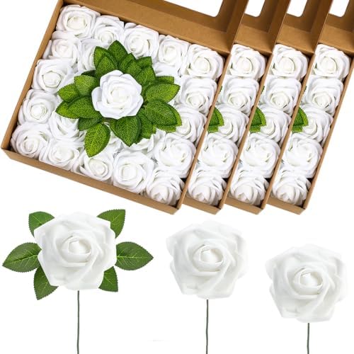 100 Pcs Artificial Foam Rose Flower Faux Bouquet Wedding Fake Rose Gift for Mother's Day Women DIY Bridal Shower Party Table Birthday Home Spring Decor (White) by Luinabio