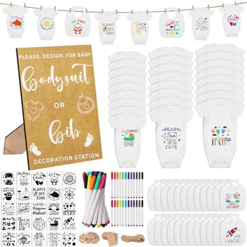 201 Pcs Baby Shower Set Baby Shower Game Sign Baby Bib Bodysuit White Baby Bib Newborn Bodysuit Baby Shower White Decorating Kit(Kraft) by Pydeeirom