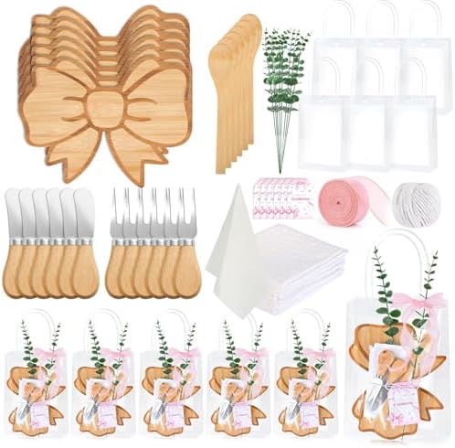 56 Pcs Pink Bow Baby Shower Prizes for Game Winners 6 Sets Bamboo Cheese Board Spoon Fork Butter Spreaders Plaid Towel Thank You Card and Gift Bags for Coquette Pink Bow Baby Shower Favors by EYNDYN