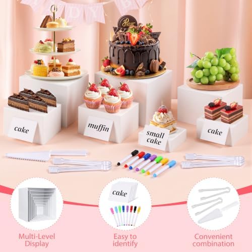 [7 Pcs] White Buffet Risers Food Risers - Dessert Table Display Set and Food Cake Stands with Table Sign and Maker,Serving Tongs,Cake Cutter for Wedding Birthday Party Decoration(Size 9" 8" 7" 6" 5" 4" 3") - Image 3