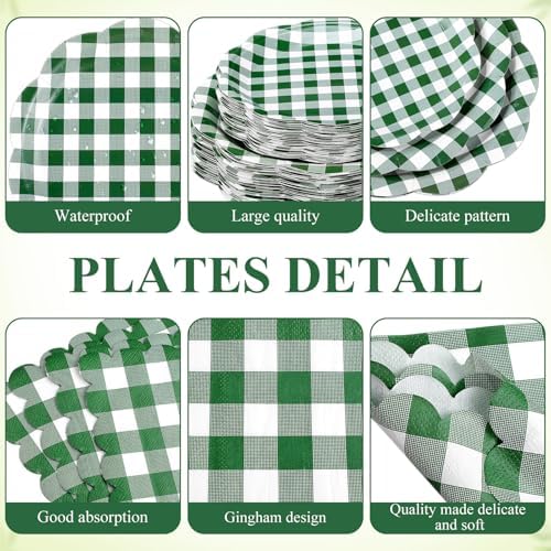 Funnymoom 400 Pcs Gingham Party Supplies for 50 Guests Dark Green and White Paper Plates and Napkins Knives Spoon Fork Cup Disposable Checkered Dinner Party Set Cutlery for Baby Shower Wedding Favor - Image 2