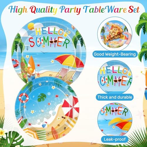 Pickmesh 250 Pcs Hello Summer Plates Napkins and Cups Beach Party Decorations Hawaiian Tropical Disposable Paper Tableware Set for 50 Guests Summery Ocean Pool Luau Birthday Party Supplies - Image 3