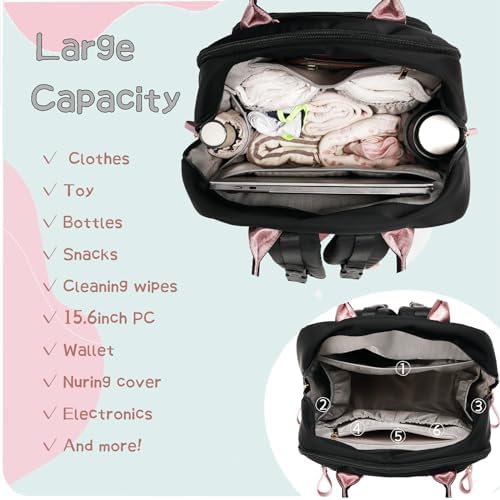 LORADI 18 Pockets Large Diaper Bag Backpack, Black - Image 4