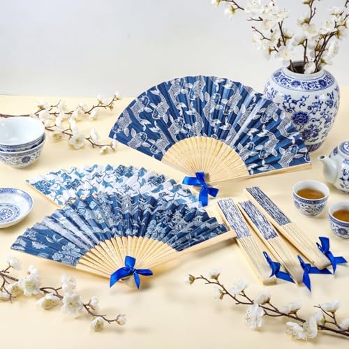 Roowest 36 Pcs Blue and White Folding Fans Bulk - Retro Chinoiserie Japanese Floral Paper Hand Foldable Fans for Wall Decor Wedding Guests Favor Gifts Tea Party Supplies - Image 5