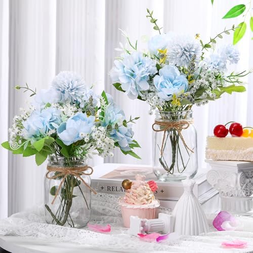 Zeyune 6 Sets Mason Jar Table Centerpiece Artificial Flower, Blue - Image 3