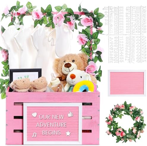 Barydat Wooden Baby Shower Crate Closet Baskets for Baby Shower, Pink by home