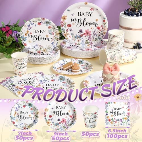 Hsei 250 Pcs Baby in Bloom Baby Shower Decorations Wildflower Plates and Napkins Set Floral Party Tableware Set for 50 Guests Floral Disposable Plates Napkins Cups for Birthday Party Supplies - Image 3