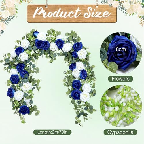 Riceshoot 4 Pcs 26 ft Artificial Eucalyptus Vines Garland with Flowers Faux Floral Greenery Garlands Rose Wreath for Wedding Party Arch Table Decor Backdrop Decorations (Blue and White) - Image 2
