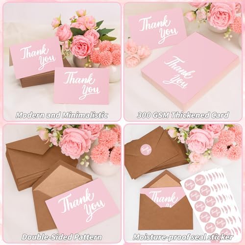 600 Pcs Pink Thank You Cards Bulk with Kraft Envelopes and Stickers 4x6 Inch Blank Thank You Notes Box Set Minimalistic Design for Business Wedding Baby Shower Graduation Bridal Shower Christmas - Image 3