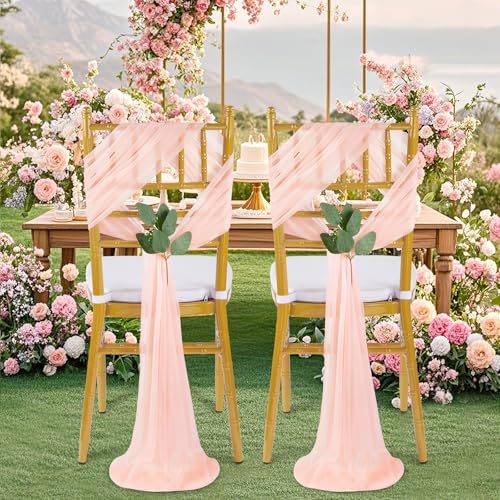 QueenDream Blush Chair Sashes Wedding: 36 Pieces Long Sheer Wedding Aisle Chair Decorations Tulle ChairCovers with Artificial Eucalyptus - Image 4