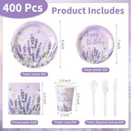 400 Pcs Purple Lavender Birthday Decorations for 50 Guests, Lavender Floral Butterfly Paper Plates Napkins and Cups Set with Cutlery, Lilac Tableware for Spring Birthday Party Supplies - Image 2