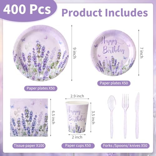 400 Pcs Purple Lavender Birthday Decorations for 50 Guests, Lavender Floral Butterfly Paper Plates Napkins and Cups Set with Cutlery, Lilac Tableware for Spring Birthday Party Supplies - Image 2