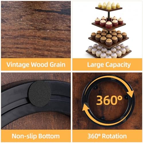 4-Tier Wooden Cupcake Stand, Rotating Cupcake Tower for 50 Cupcakes, Square Dessert Display Stand for Wedding Birthday Baby Shower Graduation Christmas Halloween Party - Image 3