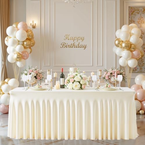 Ivory Table Cloth for 8 Foot Rectangle Tables Fitted Stretch Spandex Table Cover with Skirt 8ft Baby Shower Birthday Party Banquet Ruffle Cream Tablecloth Wedding Table Cloths Desk Skirt - Image 2