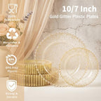 U-QE 60PCS Gold Glitter Plastic Plates, Beaded Plates Disposable Heavy Duty - Image 5