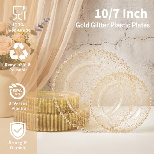 U-QE 60PCS Gold Glitter Plastic Plates, Beaded Plates Disposable Heavy Duty - Image 5