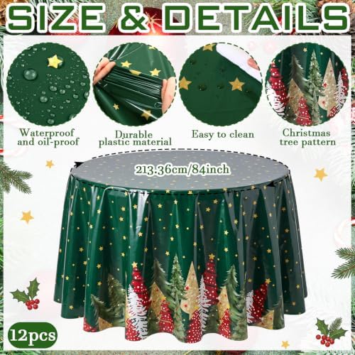 Ganeen 12 Pcs Christmas Tree Tablecloth Round Plastic 84 Inch Disposable - Image 2