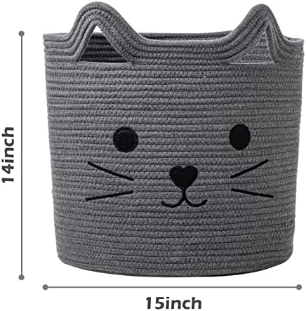 VK VK·LIVING Large Basket for Organizing Cute Animal Storage Baskets Cat Toy Storage Woven Cotton Rope Hamper Organizer for Laundry, Towels, Blanket, Toys, Clothes, Gifts, Pet Bed 15''x14'' - Image 3