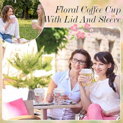 Mimorou 120 Sets Floral Coffee Cups 8oz Tea Party Cups Disposable Fancy Coffee Cup with Lids and Sleeves Flower Designs Hot Cup for Tea Party Wedding Baby Shower Supplies - Image 6