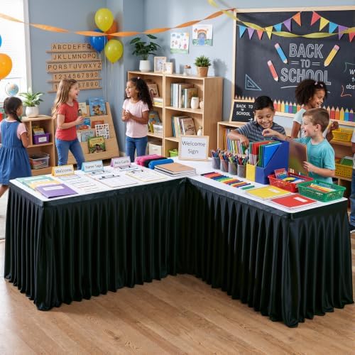 2 Panels Black Desk Skirt for Teacher Desk 6ft Table Skirts for Rectangle Tables 6ft Spandex Curtain Table Skirt for Classroom Ruffle Fabric Tablecloth for Party Wedding Baby Shower Decorations - Image 4