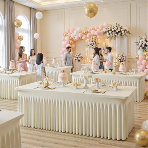 6 Pack Spandex Beige Fitted Table Cloth for 8ft Rectangle Tables Beige Stretch Tablecloth Table Covers Skirt Banquet Wrinkle Free Tablecloths for Parties Wedding - Image 2