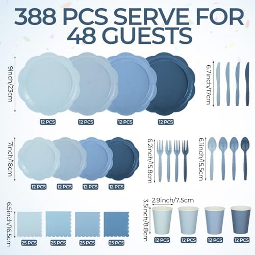 Qinyoung 388 Pcs Dusty Blue Plates and Napkins Party Supplies Tableware Include Disposable Scalloped Plate Paper Napkin Cup Plastic Cutlery for Baby Shower Party Wedding Birthday, 48 Sets - Image 2