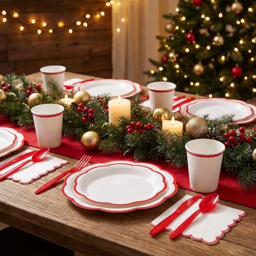 350 Pcs Red Rim Paper Plates and Napkins Party Supplies - Image 4