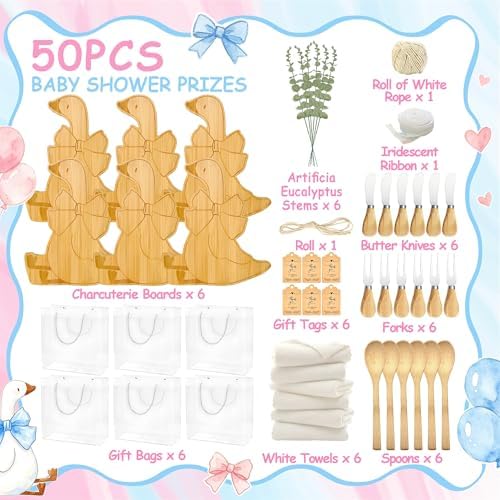 50 Pcs Wooden Goose Party Decoration Gifts Baby Shower Prizes for Game Winner 6 Sets Geese Cheese Board with Knives Forks Gift Bag One Silly Goose Party Favors for Guests Birthday Supplies - Image 4