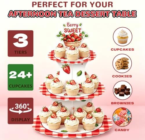 3 Tier Cardboard Cupcake Stand for 24 Cupcakes,Strawberry Cupcake Stand - Image 5