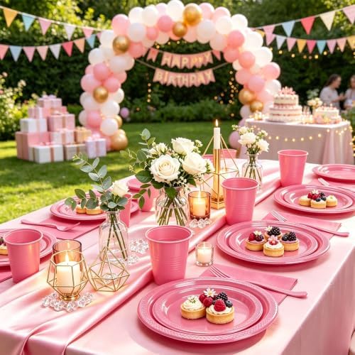 Hot Pink Plastic Party Plates Set 30 Guest Disposable Pink Party Supplies - Image 5